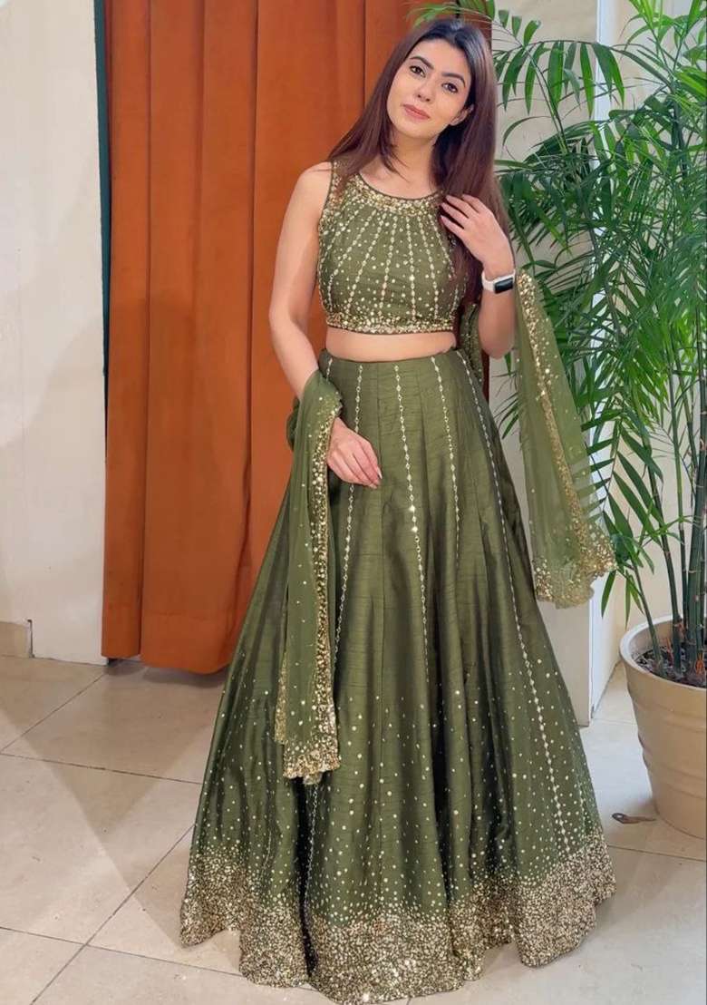 Mehendi Embroidered Silk Blend Lehenga Set for Diwali and Festive Wear - Indya
