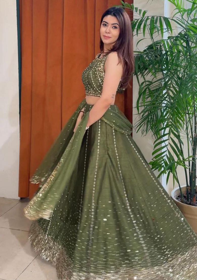 Mehendi Embroidered Silk Lehenga Set - Indya