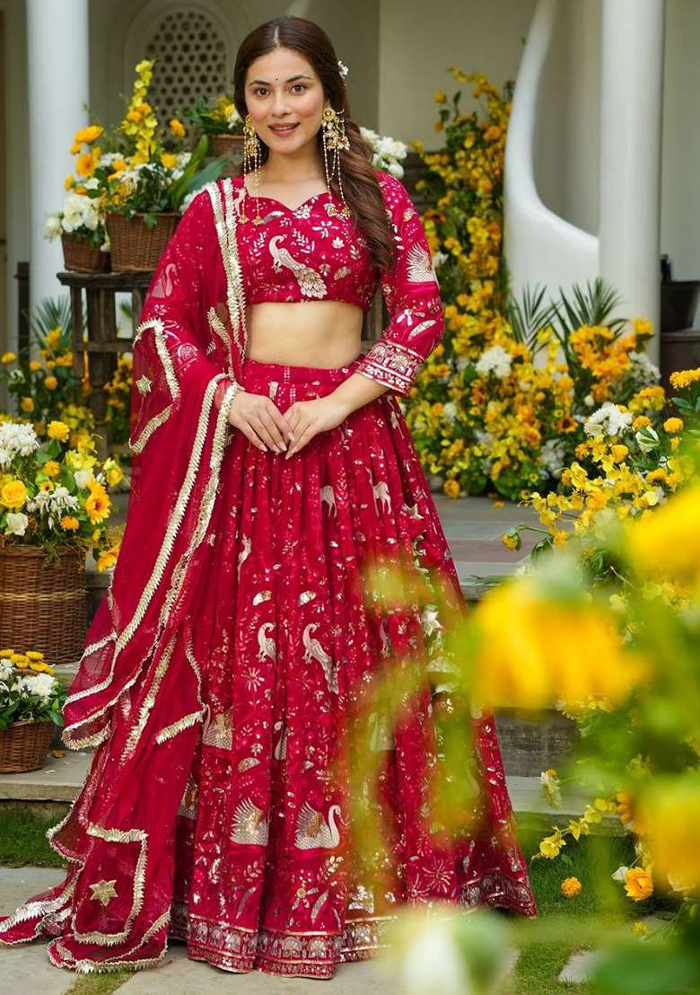 Red Embroidered Georgette Lehenga Set for Diwali and Festive Wear - Indya