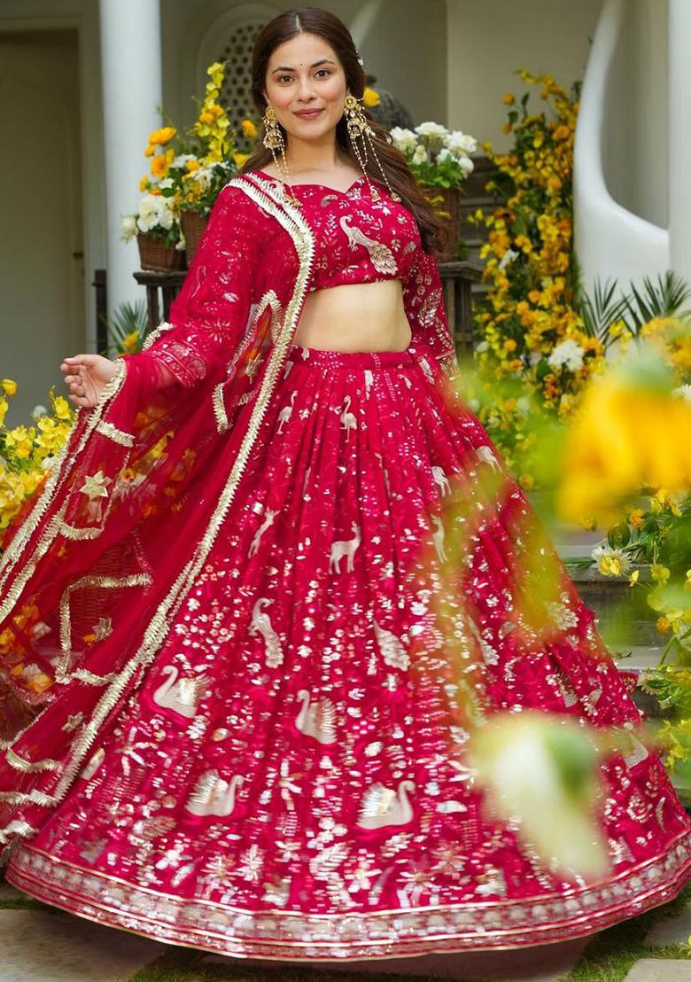 Red Embroidered Georgette Lehenga Set - Indya