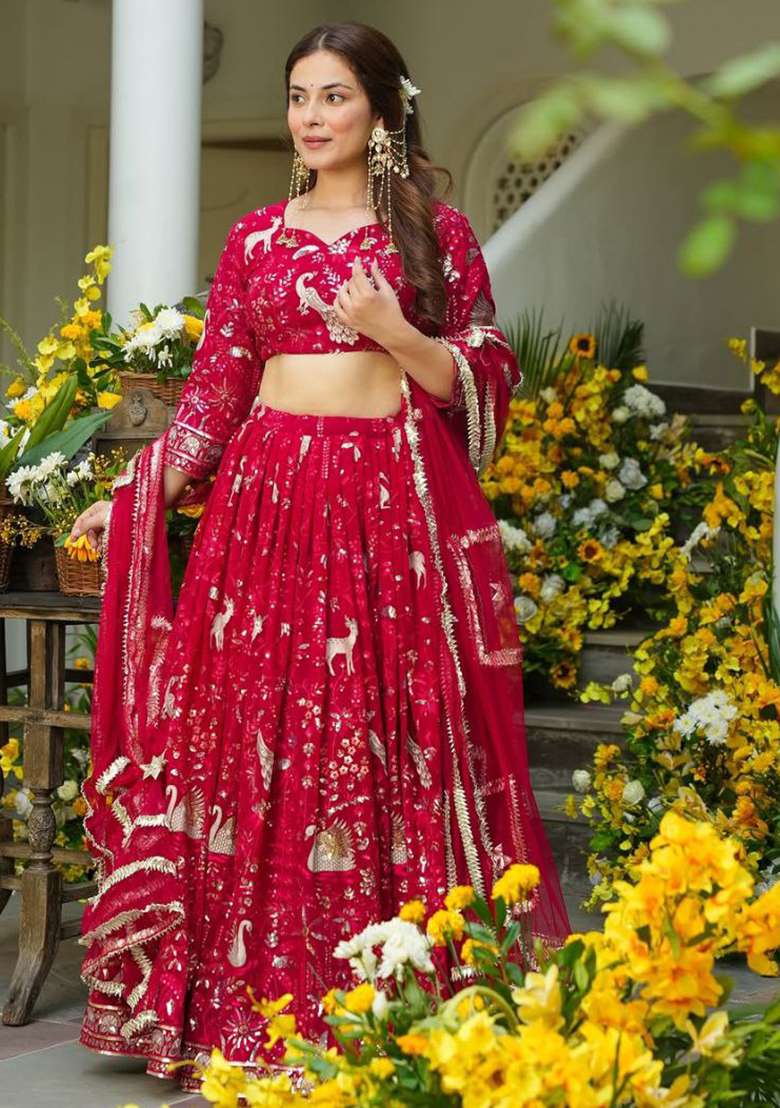 Red Embroidered Georgette Lehenga Set for Diwali and Festive Wear - Indya