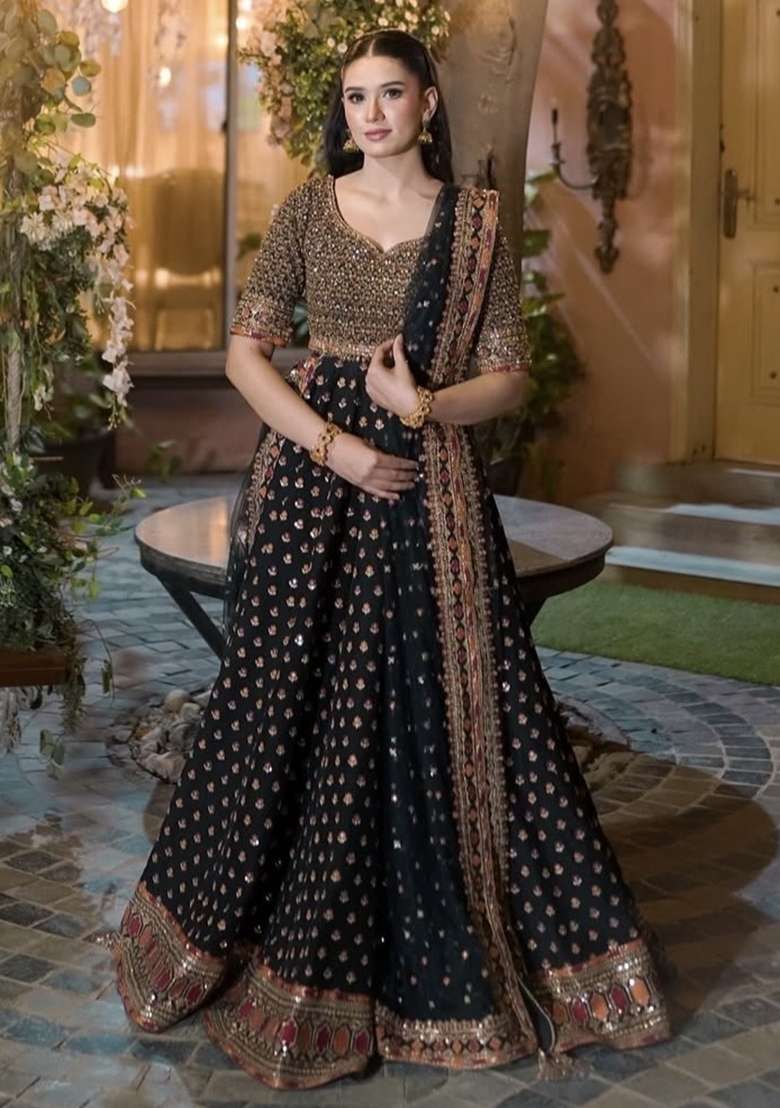 Black Embroidered Silk Blend Lehenga Set for Diwali and Festive Wear - Indya