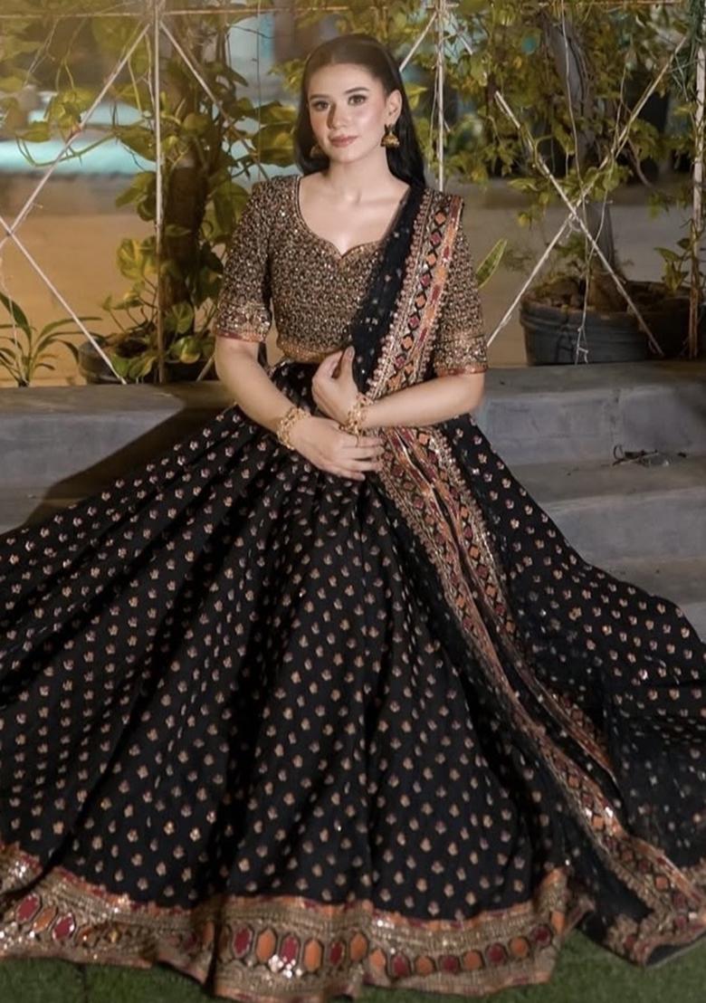 Black Embroidered Silk Lehenga Set - Indya