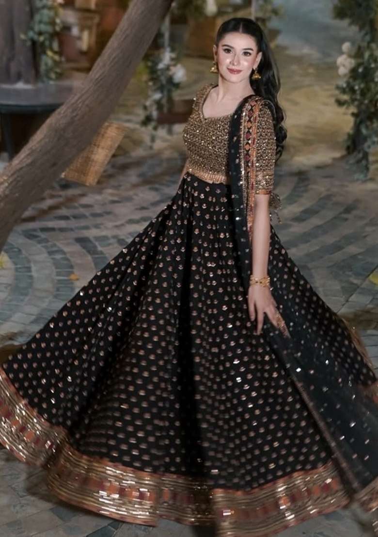 Black Embroidered Silk Blend Lehenga Set for Diwali and Festive Wear - Indya