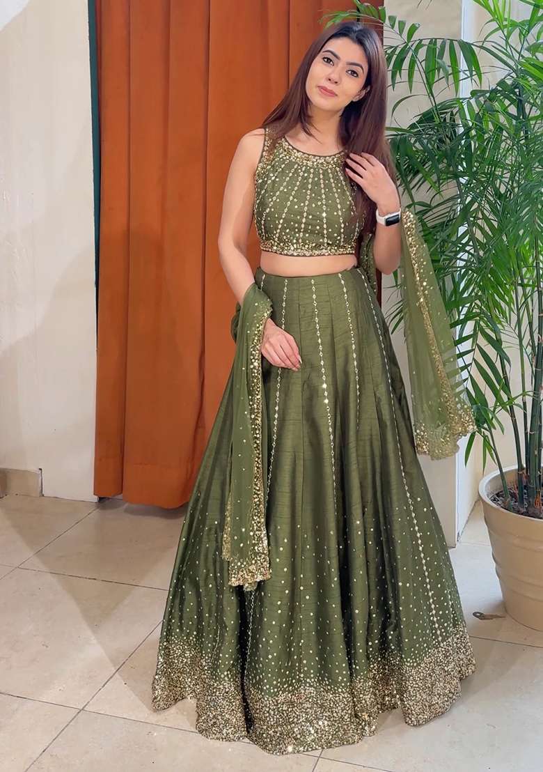 Mehendi Silk Blend Lehenga Set with Embroidered for Diwali | Wedding & Festive Wear - Indya