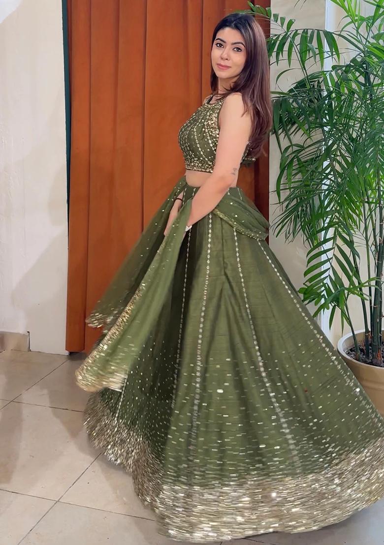Mehendi Embroidered Silk Lehenga Set - Indya