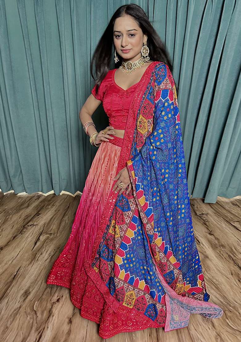 Pink Embroidered Silk Blend Chaniya Choli Set For Navratri And Garba for Diwali | Wedding & Festive Wear - Indya