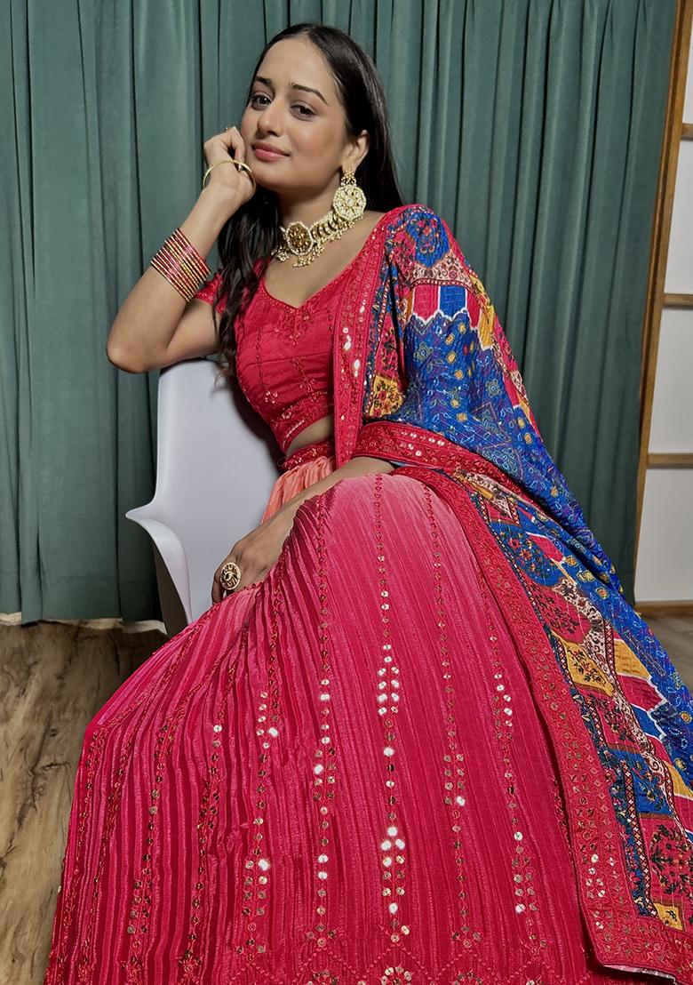 Pink Embroidered Silk Lehenga Set - Indya