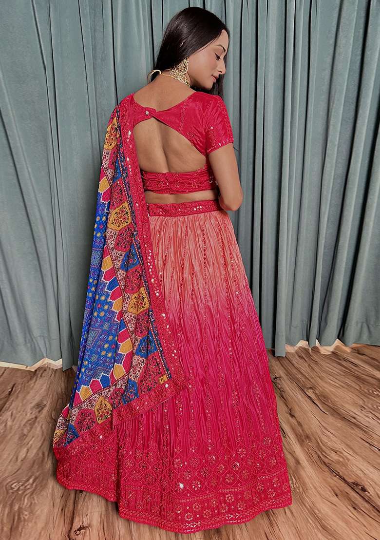 Pink Embroidered Silk Blend Chaniya Choli Set For Navratri And Garba for Diwali | Wedding & Festive Wear - Indya