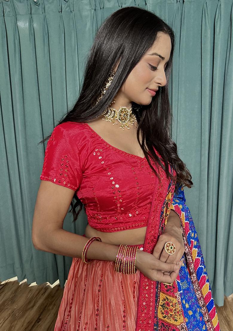 Pink Embroidered Silk Lehenga Set - Indya