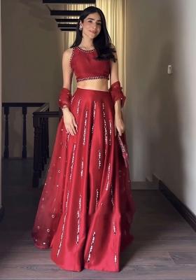 Red Embroidered Silk Lehenga Set