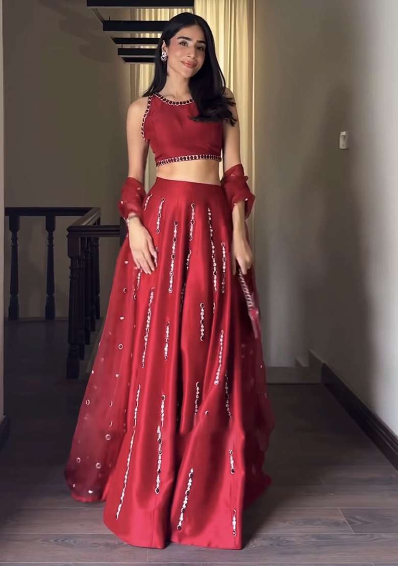 Red Silk Blend Lehenga Set with Embroidered for Diwali | Wedding & Festive Wear - Indya