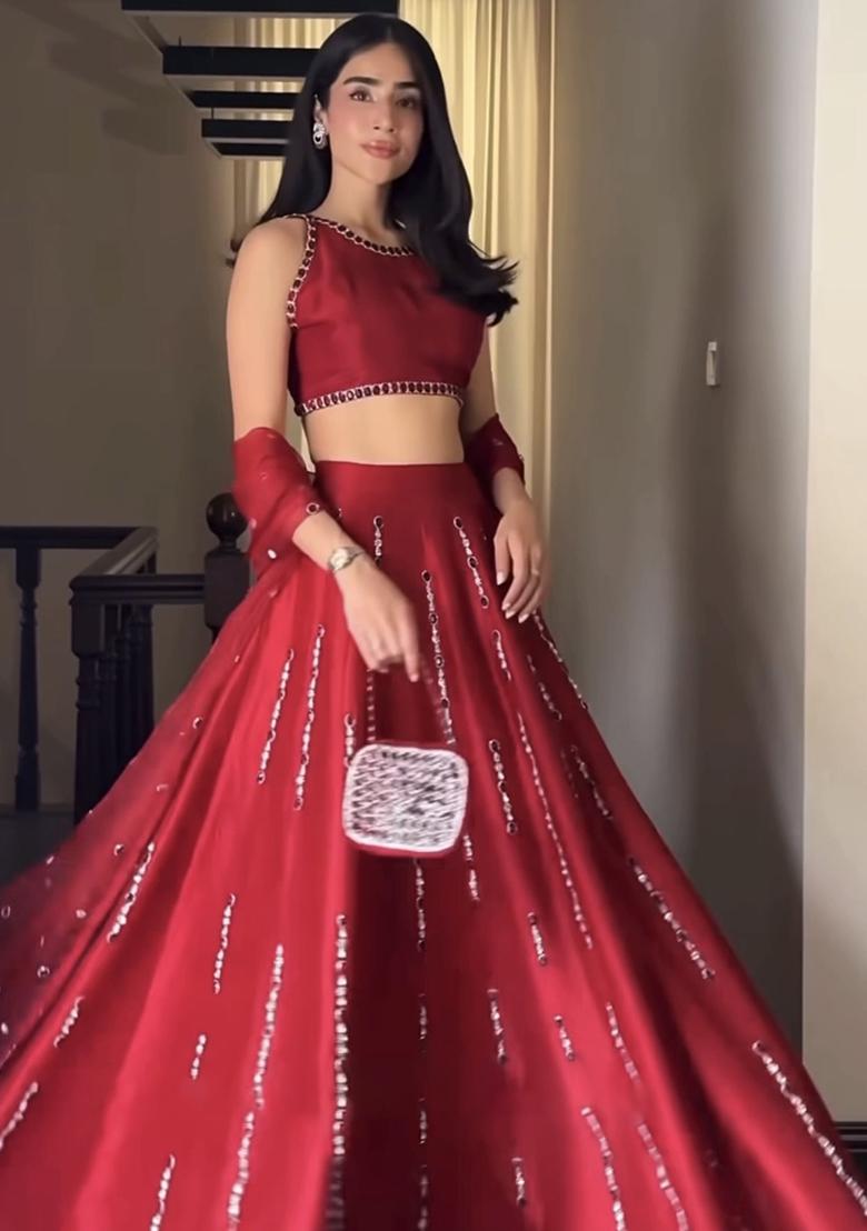 Red Embroidered Silk Lehenga Set - Indya