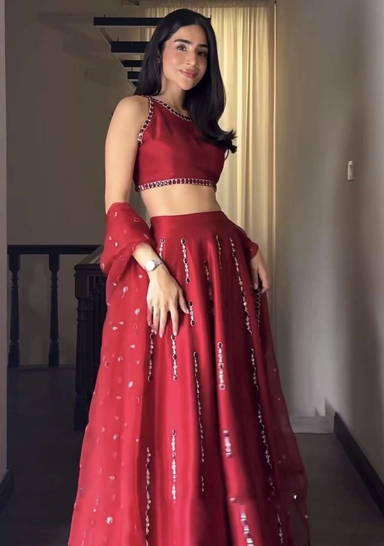Red Silk Blend Lehenga Set with Embroidered for Diwali | Wedding & Festive Wear - Indya