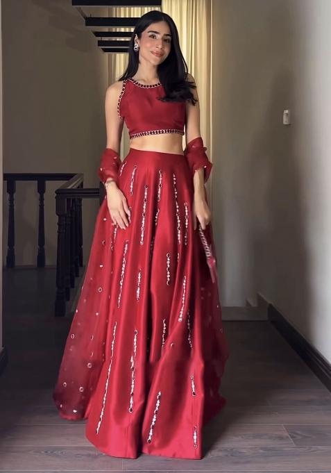 Red Embroidered Silk Lehenga Set