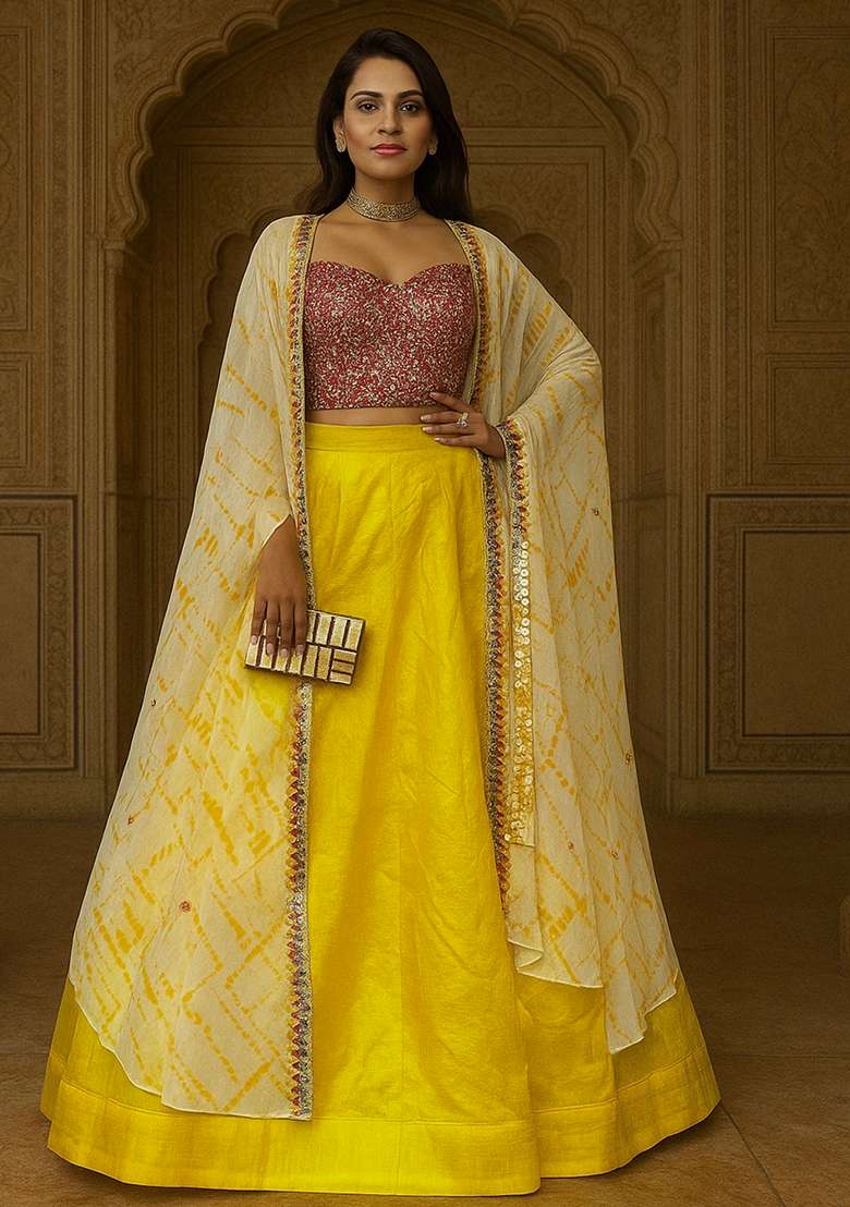 Yellow Embroidered Silk Blend Lehenga Set for Diwali and Festive Wear - Indya
