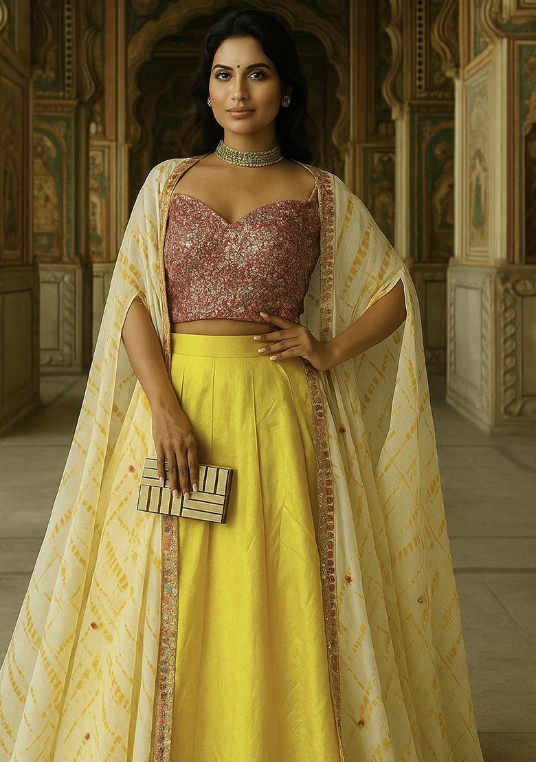 Yellow Embroidered Silk Lehenga Set - Indya