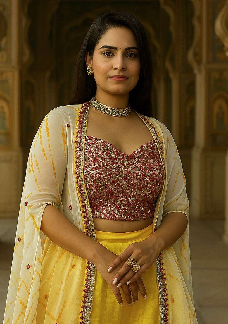 Yellow Embroidered Silk Blend Lehenga Set for Diwali and Festive Wear - Indya