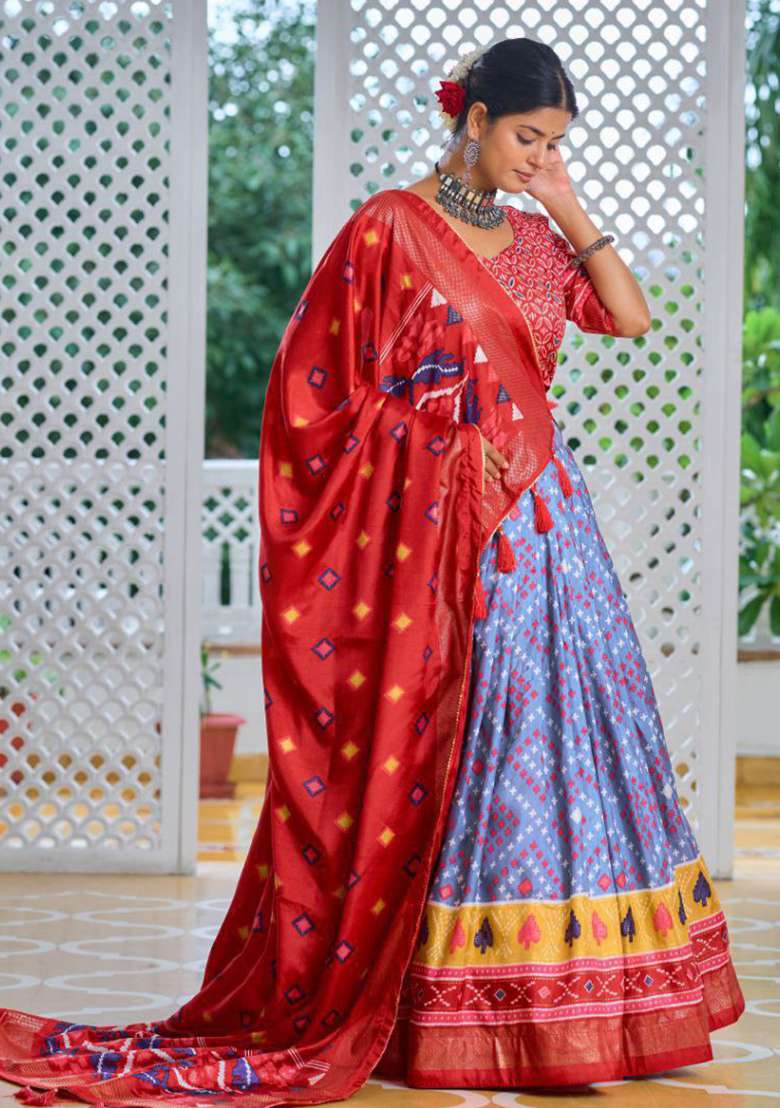Red Embroidered Silk Lehenga Set - Indya
