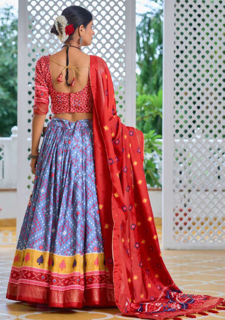 Red Embroidered Silk Lehenga Set - Indya