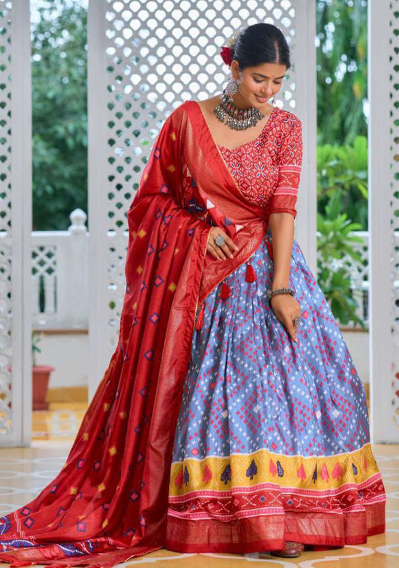 Red Embroidered Silk Lehenga Set - Indya