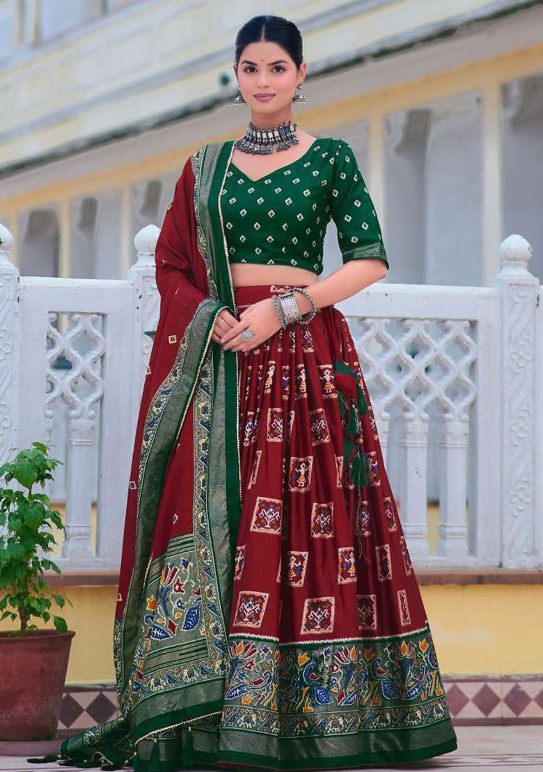 Maroon Embroidered Silk Lehenga Set - Indya