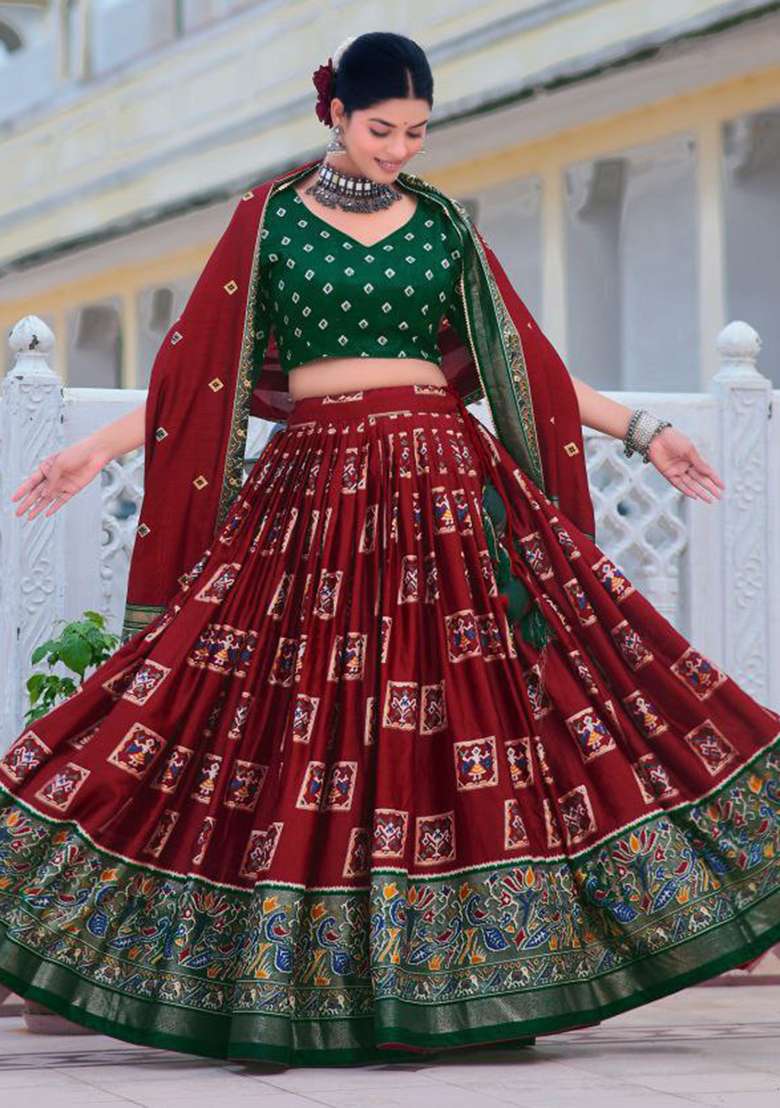 Maroon Embroidered Silk Lehenga Set - Indya
