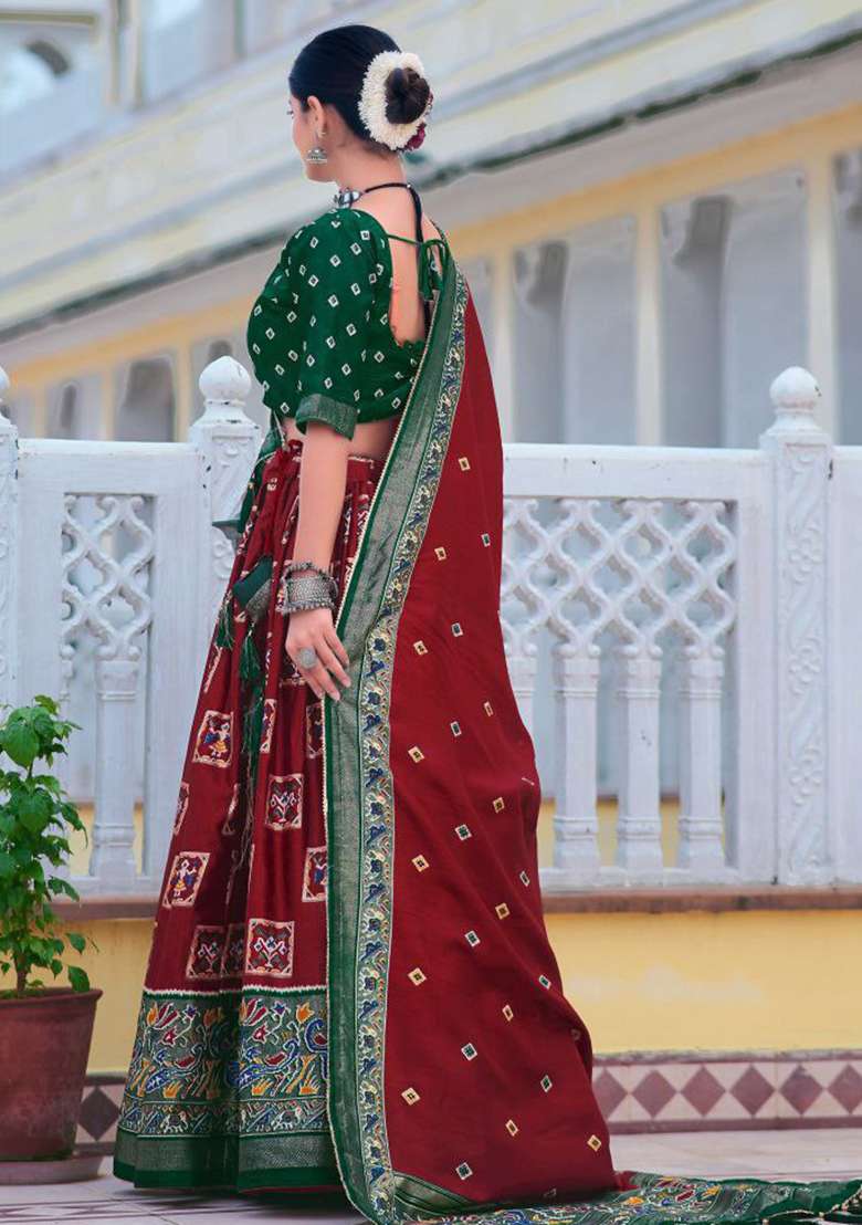 Maroon Embroidered Silk Lehenga Set - Indya