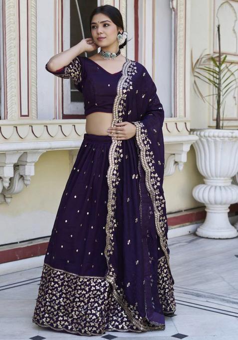 Wine Embroidered Georgette Lehenga Set