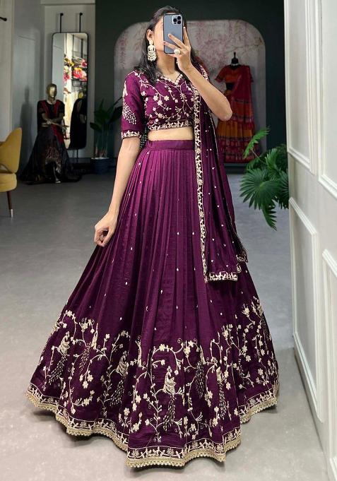 Wine Embroidered Silk Lehenga Set