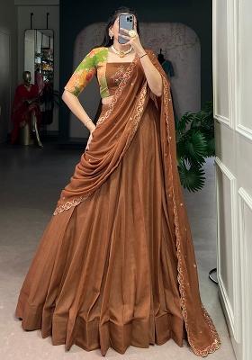 Brown Embroidered Crush Lehenga Set