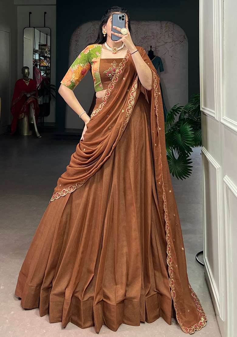 Brown Crush Lehenga Set with Embroidered for Diwali | Wedding & Festive Wear - Indya