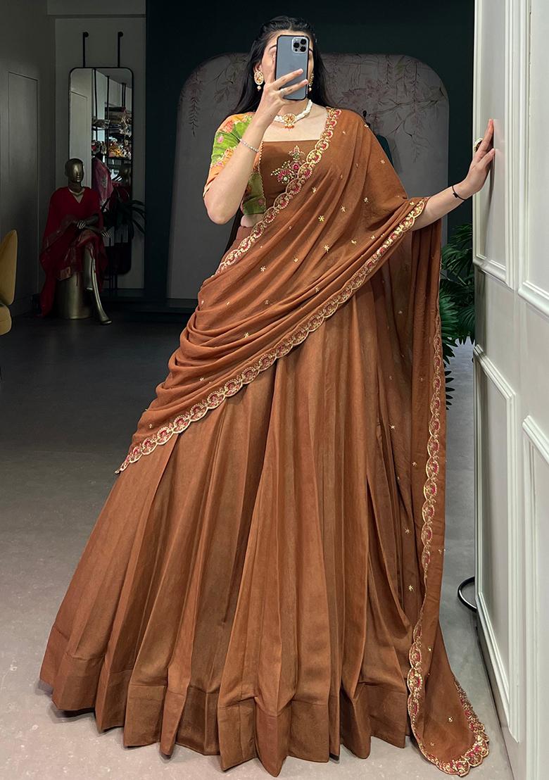 Brown Embroidered Crush Lehenga Set - Indya