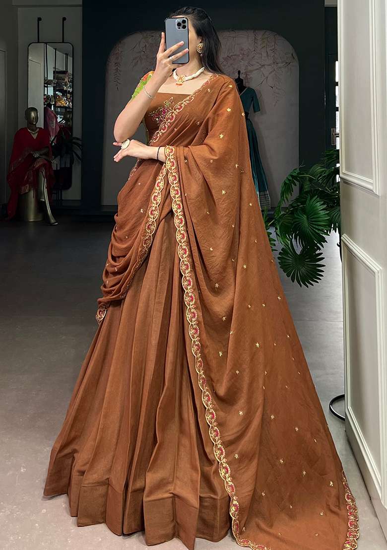 Brown Crush Lehenga Set with Embroidered for Diwali | Wedding & Festive Wear - Indya