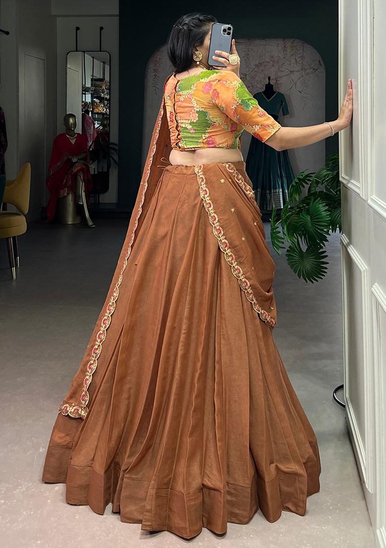 Brown Embroidered Crush Lehenga Set - Indya