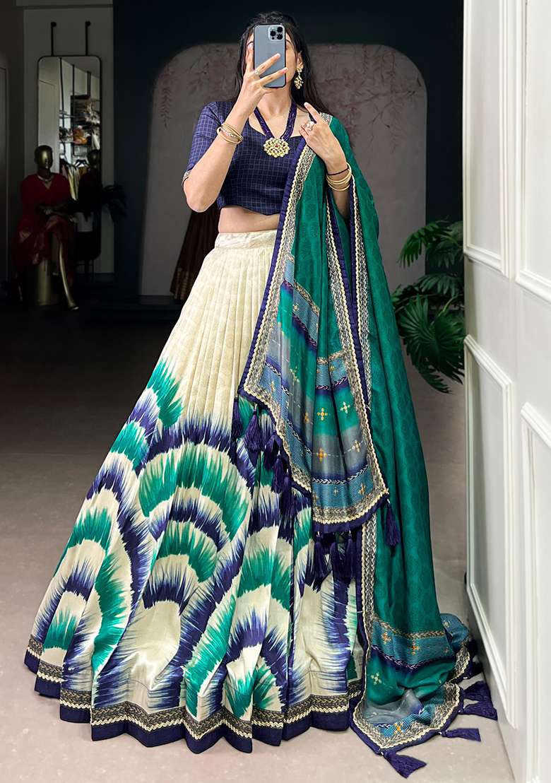 Navy Blue Embroidered Silk Blend Lehenga Set for Diwali and Festive Wear - Indya