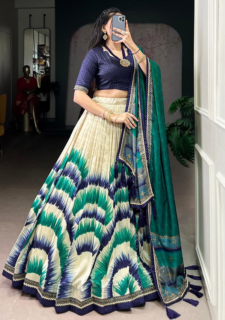 Navy Blue Embroidered Silk Lehenga Set - Indya
