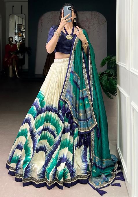 Navy Blue Embroidered Silk Lehenga Set