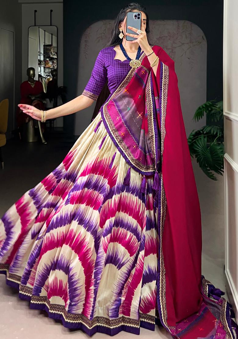 Purple Embroidered Silk Lehenga Set - Indya
