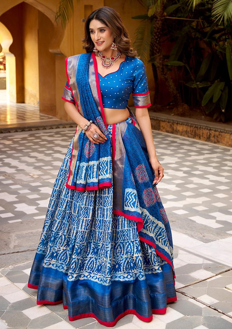 Blue Embroidered Silk Lehenga Set - Indya