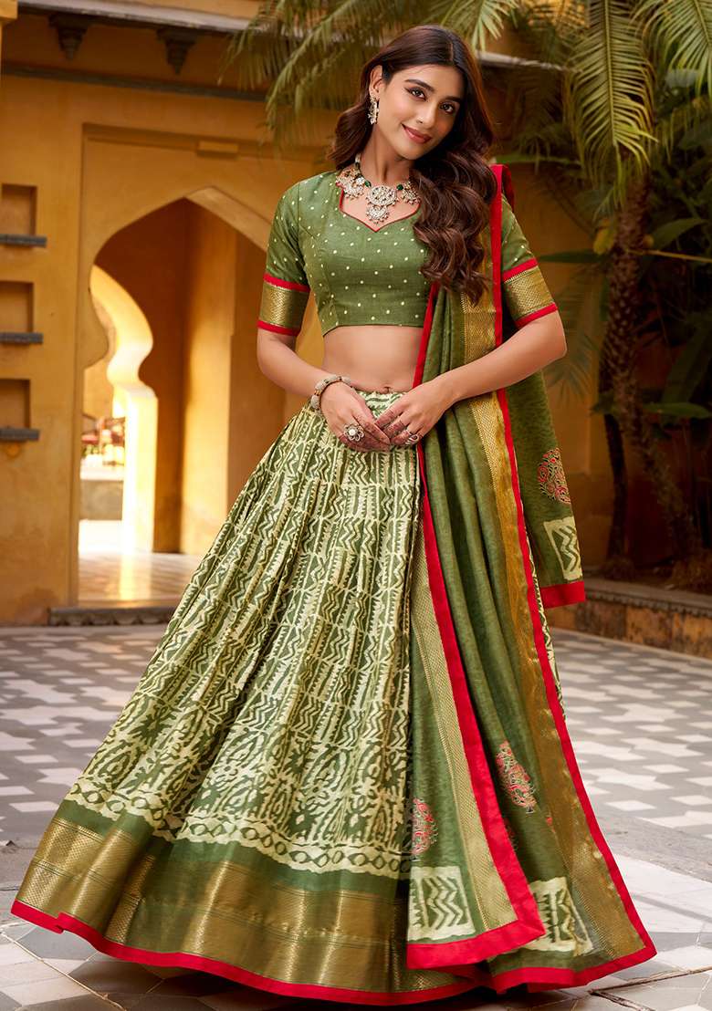 Mehendi Embroidered Silk Blend Lehenga Set for Diwali and Festive Wear - Indya
