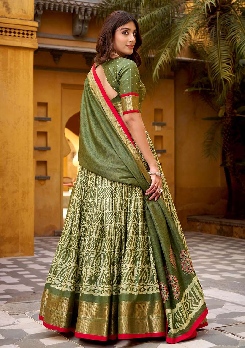 Mehendi Embroidered Silk Blend Lehenga Set for Diwali and Festive Wear - Indya