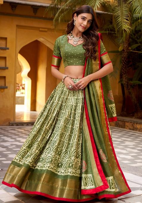 Mehendi Embroidered Silk Lehenga Set