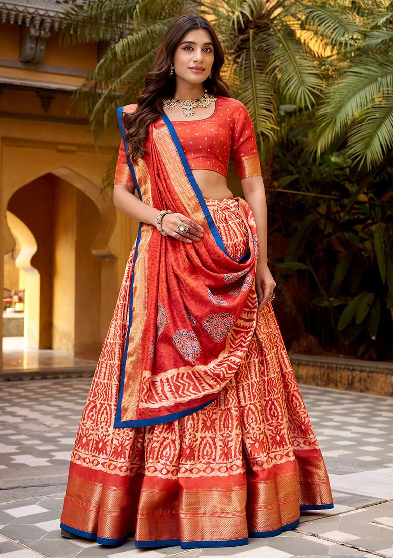 Orange Silk Blend Lehenga Set with Embroidered for Diwali | Wedding & Festive Wear - Indya