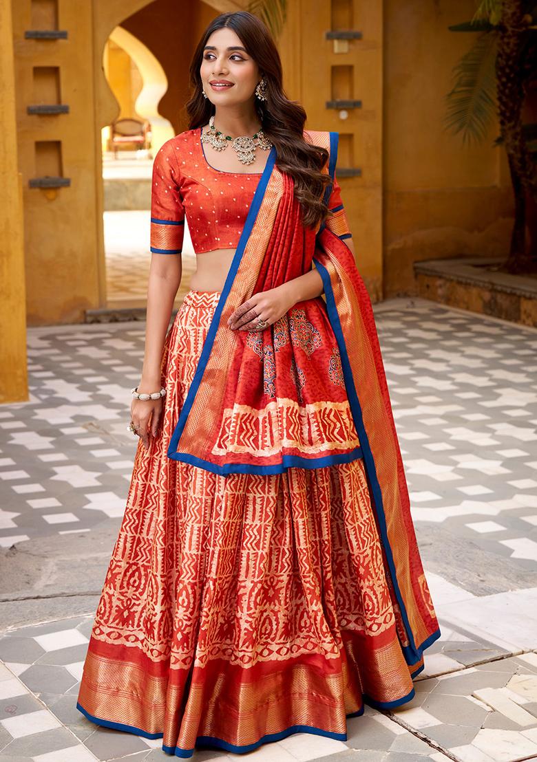 Orange Embroidered Silk Lehenga Set - Indya