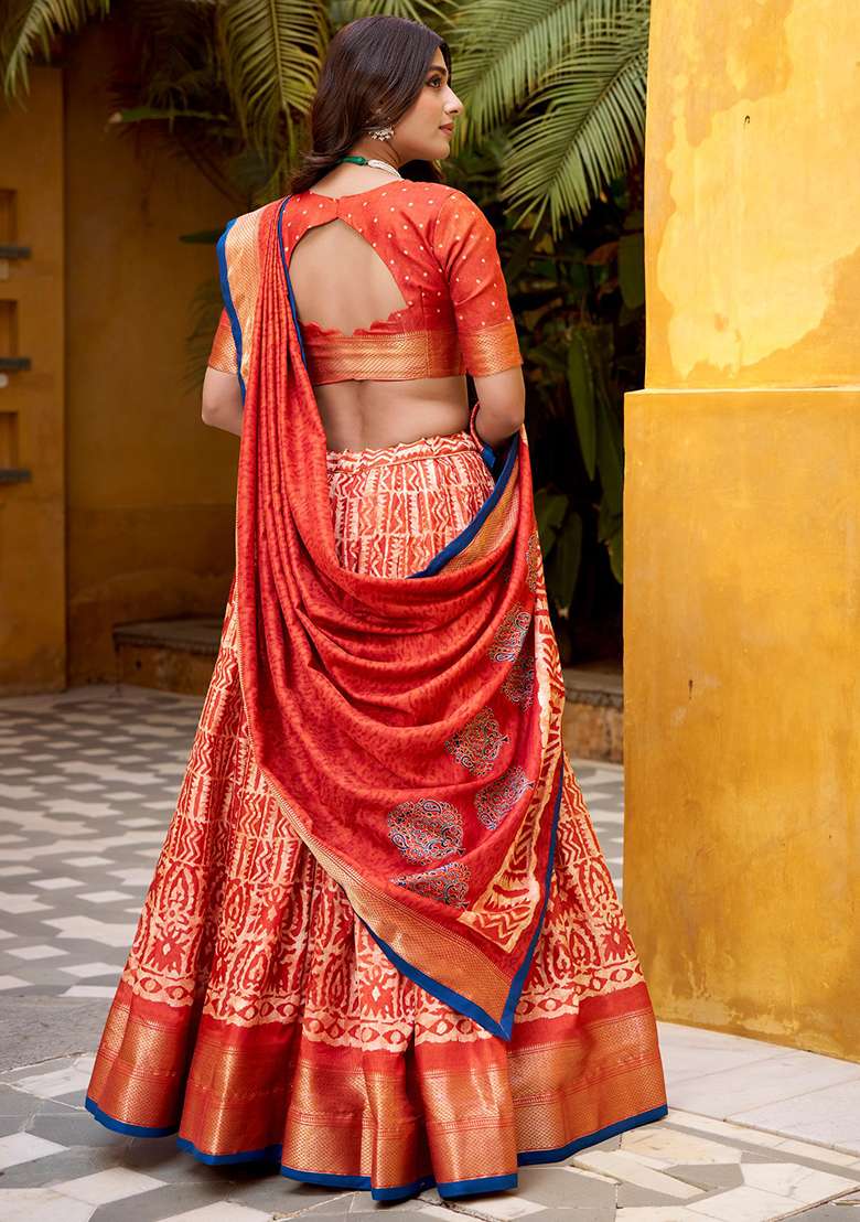 Orange Silk Blend Lehenga Set with Embroidered for Diwali | Wedding & Festive Wear - Indya