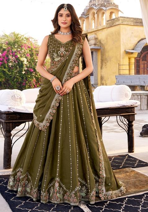 Green Embroidered Crush Lehenga Set