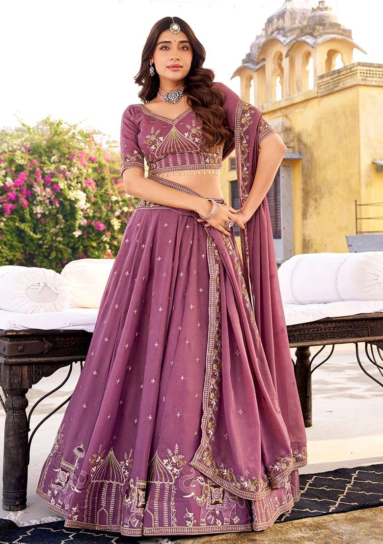 Lavender Embroidered Crush Lehenga Set for Diwali and Festive Wear - Indya