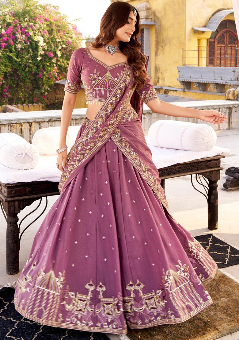 Lavender Embroidered Crush Lehenga Set - Indya