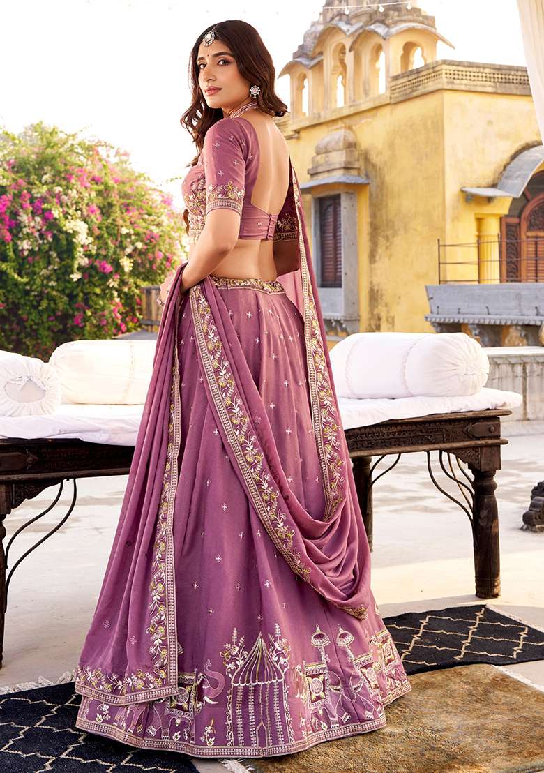 Lavender Embroidered Crush Lehenga Set for Diwali and Festive Wear - Indya